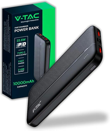 V-TAC Power Bank 10000 mAh con Carga Rápida PD 22.5W - Cargador Portatil - Batería Externa Delgada con Puerta USB Type-C y 2 Puertas USB-A - Compatible iPhone, iPad, Samsung, iPad, Xiaomi - Negro